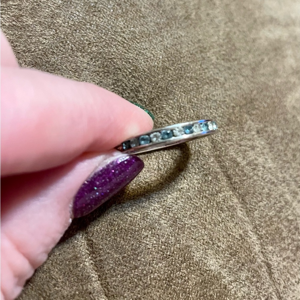 Aqua and white crystal sliver tone ring